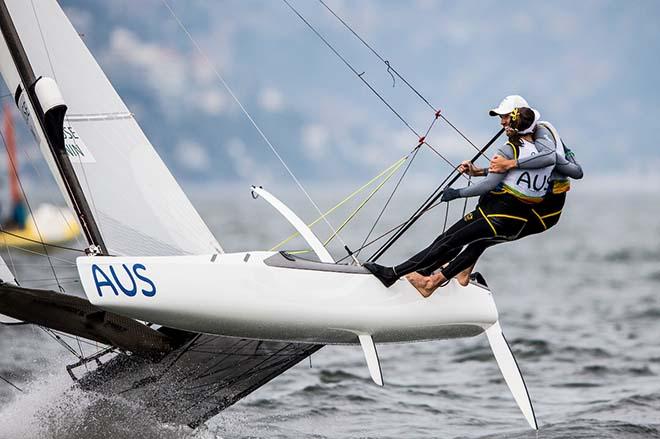 Waterhouse and Darmanin hugging on side of Nacra 17 - 2016 Rio Olympic and Paralympic Games © Sailing Energy/World Sailing